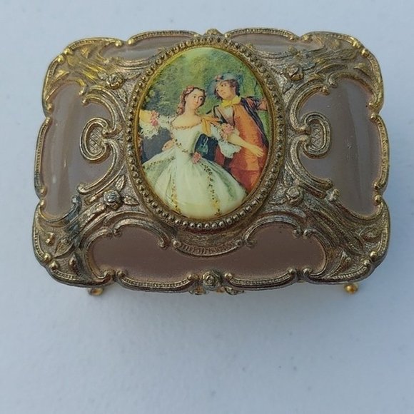 Vintage Jewelry - Vintage Metal Jewelry Box Footed Trinket Velvet Lined with Porcelain Cabochon